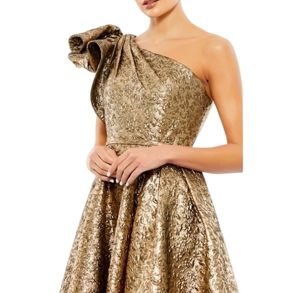 Mac Duggal One Shoulder Bow Midi Dress in Antique Bronze NWT - Picture 2 of 5